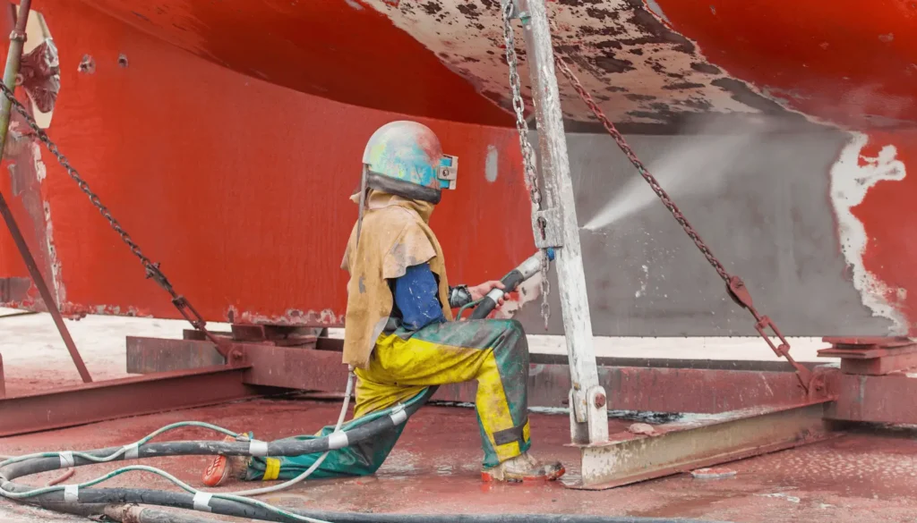 Equipamento de hidrojateamento de alta pressão em ação